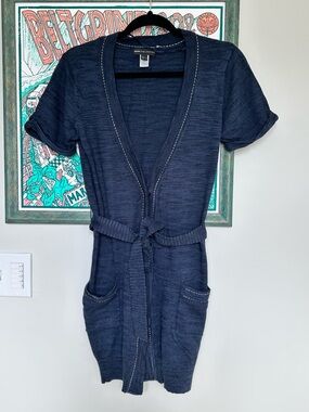 Mango Dark Navy Short Sleeve Knit Women’s Cardigan with Belt and Pockets Size XS